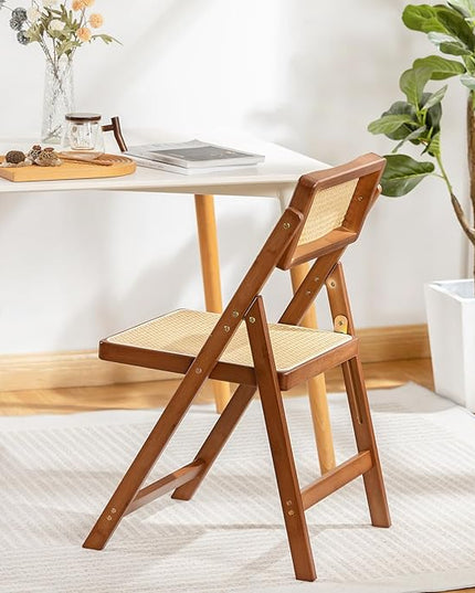 Rattan Folding Chair, Modern Mid Century Dining Chairs Set of 1, Comfy Outdoor Bamboo Chairs for Bedroom Living Room Reading Room Dining Kitchen, Walnut - LeafyLoom