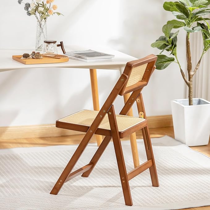 Rattan Folding Chair, Modern Mid Century Dining Chairs Set of 1, Comfy Outdoor Bamboo Chairs for Bedroom Living Room Reading Room Dining Kitchen, Walnut - LeafyLoom