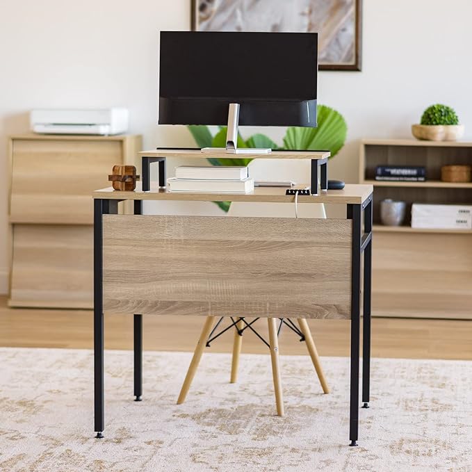 IRIS OWDN-8862 Computer Desk with Organizer, Monitor Stand, and Cable Tray, 31" - Rustic, Wood - LeafyLoom