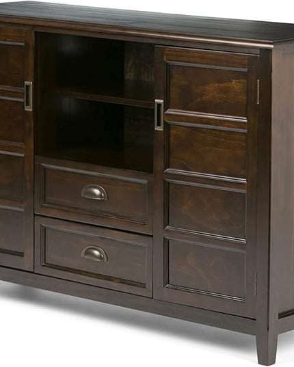 SIMPLIHOME Burlington SOLID WOOD Universal TV Media Stand, 54 inch Wide, Traditional, Living Room Entertainment Center with Storage, for Flat Screen TVs up to 60 inches in Mahogany Brown - LeafyLoom