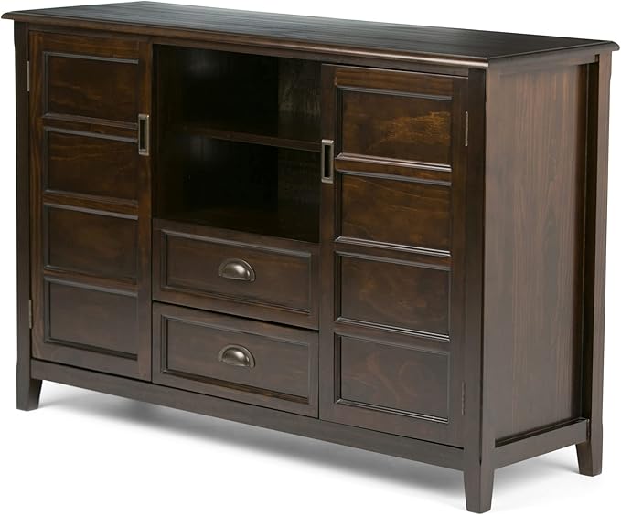 SIMPLIHOME Burlington SOLID WOOD Universal TV Media Stand, 54 inch Wide, Traditional, Living Room Entertainment Center with Storage, for Flat Screen TVs up to 60 inches in Mahogany Brown - LeafyLoom