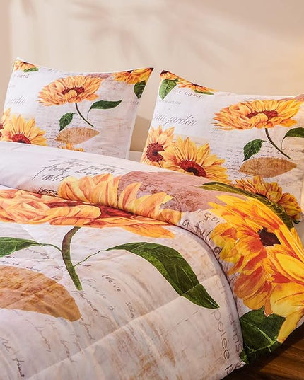 Sunflower Comforter Sets,Seamless Pattern with Hand Drawn Vibrant Yellow Watercolor Sunflowers on The Background,Decorative Bedding Comforter Sets with 2 Pillow Shams, Twin Size - LeafyLoom