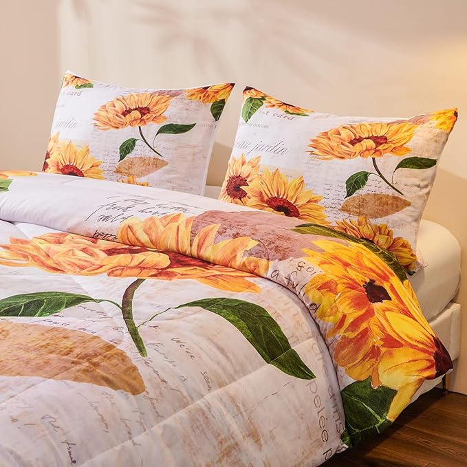 Sunflower Comforter Sets,Seamless Pattern with Hand Drawn Vibrant Yellow Watercolor Sunflowers on The Background,Decorative Bedding Comforter Sets with 2 Pillow Shams, Twin Size - LeafyLoom
