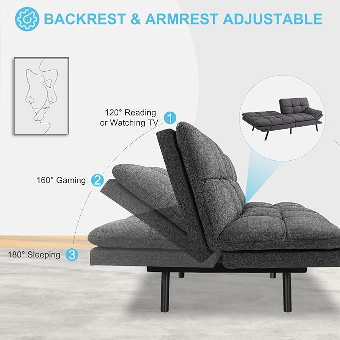 MUUEGM Futon Sofa Bed Couch - Convertible Sofa Bed, Loveseat Sleeper Sofa with Adjustable Backrest, Memory Foam Folding Futon for Living Room, Small Space, Apartment, Office, Grey - LeafyLoom