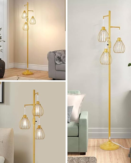 Dimmable Industrial Floor Lamp, Farmhouse Floor Lamps with 3 Elegant Teardrop Cages, Gold Rustic Floor Lamps Tall Retro Pole Lamp for Farmhouse Living Room Bedroom Office, LED Bulbs Included - LeafyLoom