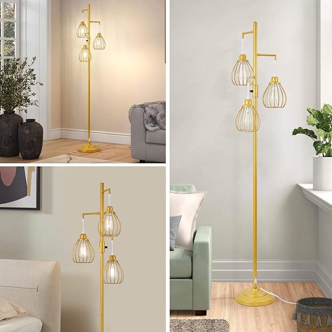 Dimmable Industrial Floor Lamp, Farmhouse Floor Lamps with 3 Elegant Teardrop Cages, Gold Rustic Floor Lamps Tall Retro Pole Lamp for Farmhouse Living Room Bedroom Office, LED Bulbs Included - LeafyLoom