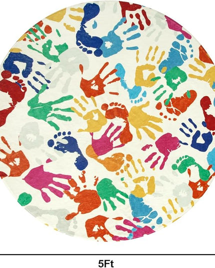 Colorful Round Kids Rug 5 Ft, Machine Washable Rug for Playroom, Non-Slip Circle Rugs for Classroom, Soft Circular Carpet Handprints and Footprints Play Mat for Nursery Bedroom Preschool - LeafyLoom