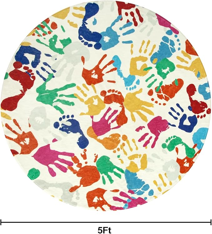 Colorful Round Kids Rug 5 Ft, Machine Washable Rug for Playroom, Non-Slip Circle Rugs for Classroom, Soft Circular Carpet Handprints and Footprints Play Mat for Nursery Bedroom Preschool - LeafyLoom