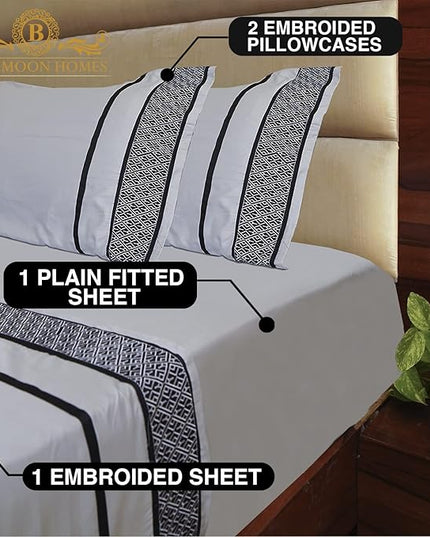 1000 TC King Size 4 Piece Sheet Set - 100% Egyptian Cotton Sheets - 1000 Thread Count - Breathable & Cooling Hotel Luxury Bedding - 18" Deep Pockets, King Sheets - Black Embroidered Light Grey Sheets - LeafyLoom