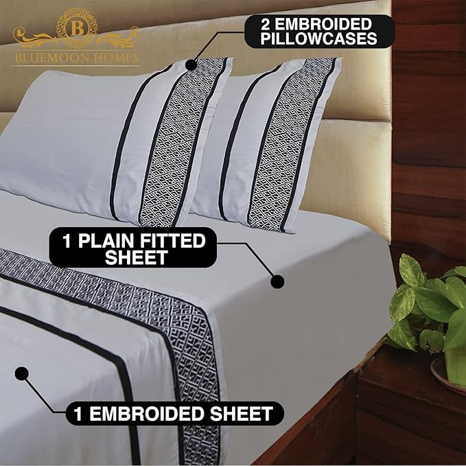 1000 TC King Size 4 Piece Sheet Set - 100% Egyptian Cotton Sheets - 1000 Thread Count - Breathable & Cooling Hotel Luxury Bedding - 18" Deep Pockets, King Sheets - Black Embroidered Light Grey Sheets - LeafyLoom