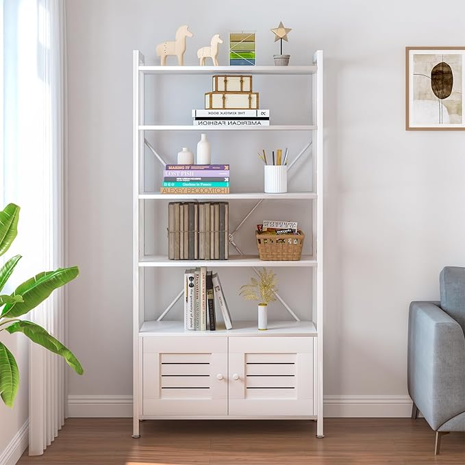 Storage Cabinet with 4 Open Shelves,1 Cupboard,White Bathroom Display Standing Shelf, White Wooden and Metal Frame Shelf for Living Room, Bathroom Bedroom, Home Office Organizer - LeafyLoom