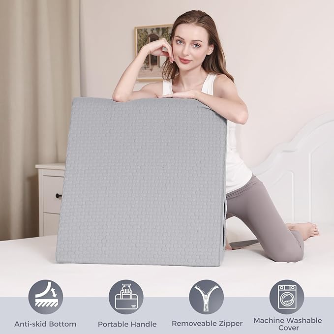 Bed Wedge Pillow for Sleeping 7.5" Memory Foam Wedge Pillow for After Surgery Triangle Pillow Wedge for Acid Reflux Snoring Heartburn GERD Back Support Leg Elevation, Removable Washable Cover - Gray - LeafyLoom