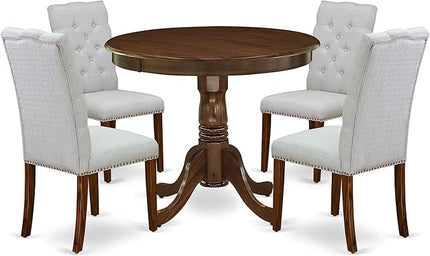 East West Furniture ANEL5-AWA-05 Antique 5 Piece Modern Set Includes a Round Dining Room Table with Pedestal and 4 Parson Chairs, 36x36 Inch - LeafyLoom