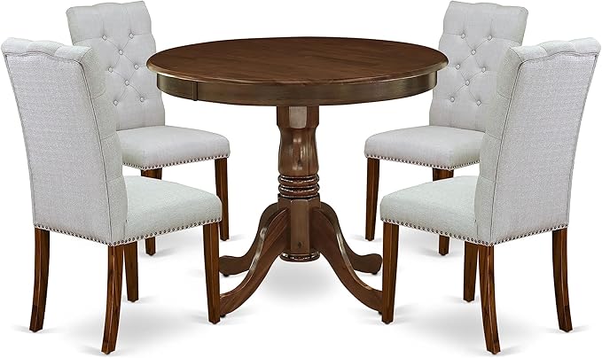 East West Furniture ANEL5-AWA-05 Antique 5 Piece Modern Set Includes a Round Dining Room Table with Pedestal and 4 Parson Chairs, 36x36 Inch - LeafyLoom