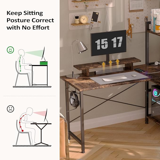 COMHOMA Gaming L Shaped Computer Desk, 55" Home Office Desk with Shelves, L Shape Computer Corner Desk with Charging Port, Gaming Table Power Outlet Build in, LED Writing Desk with Monitor Stand Brown - LeafyLoom