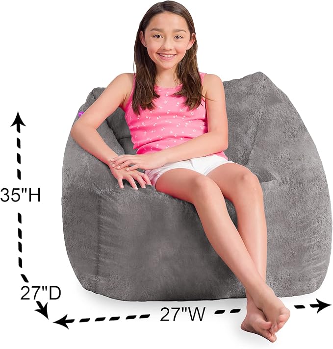 Posh Creations Structured Comfy Bean Bag Chair for Gaming, Reading, and Watching TV, Coronado Chair, Rabbit Fur - Gray, Faux Rabbit Fur - Gray - LeafyLoom