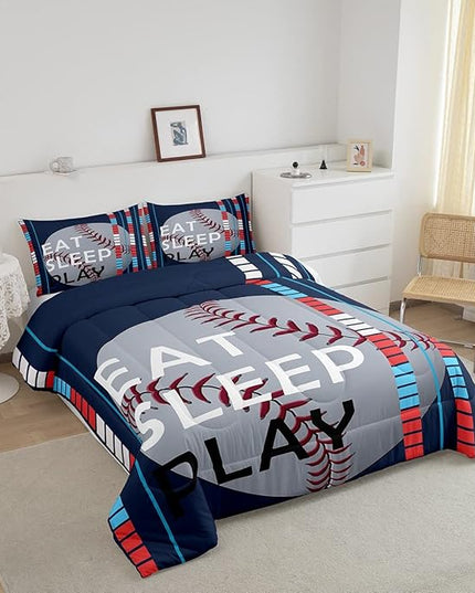Feelyou Baseball Comforter Set Sports Game Bedding Set for Boys Girls Baseball Gaming Blue Stripe Comforter Gift for Baseball Softball Lover Room Decor Queen Size Quilt Boys - LeafyLoom