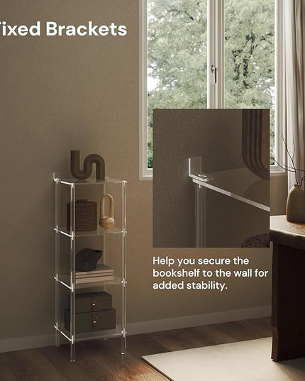 4 Tier Square Acrylic Bookshelf, Small Bookcase with Acrylic Fittings for Fixing to Wall, Corner Display Shelf for Living Room, Bedroom, Bathroom, Small Spaces, Clear, 11.6'' W x 34'' H - LeafyLoom