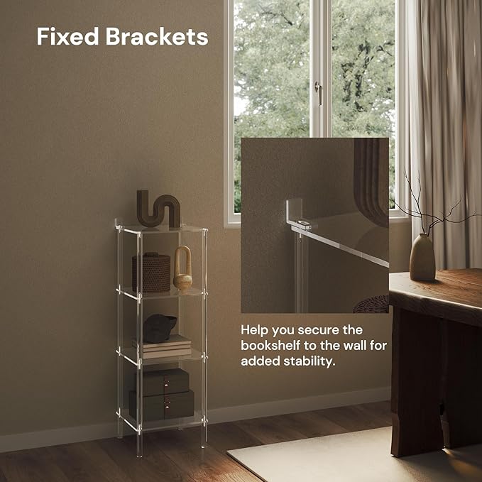 4 Tier Square Acrylic Bookshelf, Small Bookcase with Acrylic Fittings for Fixing to Wall, Corner Display Shelf for Living Room, Bedroom, Bathroom, Small Spaces, Clear, 11.6'' W x 34'' H - LeafyLoom