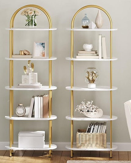 HOOBRO 5 Tier Open Bookshelf, Modern Arched Bookcase Display Shelf Racks, Wooden Bookcase Storage Shelves Metal Frame, Tall Storage Organizer for Living Room, Easy Assembly, Gold DM176SJ01 - LeafyLoom
