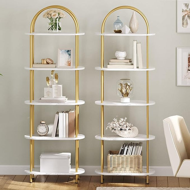 HOOBRO 5 Tier Open Bookshelf, Modern Arched Bookcase Display Shelf Racks, Wooden Bookcase Storage Shelves Metal Frame, Tall Storage Organizer for Living Room, Easy Assembly, Gold DM176SJ01 - LeafyLoom