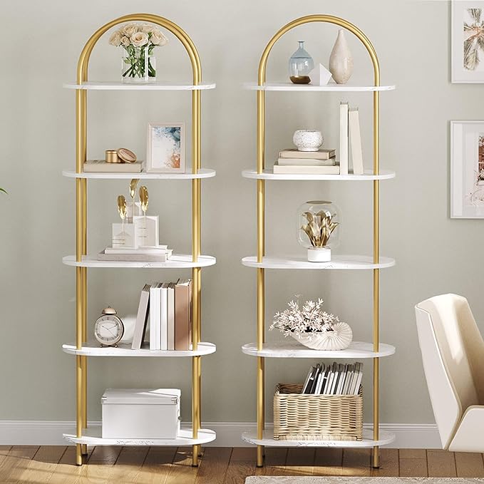 HOOBRO 5 Tier Open Bookshelf, Modern Arched Bookcase Display Shelf Racks, Wooden Bookcase Storage Shelves Metal Frame, Tall Storage Organizer for Living Room, Easy Assembly, Gold DM176SJ01 - LeafyLoom