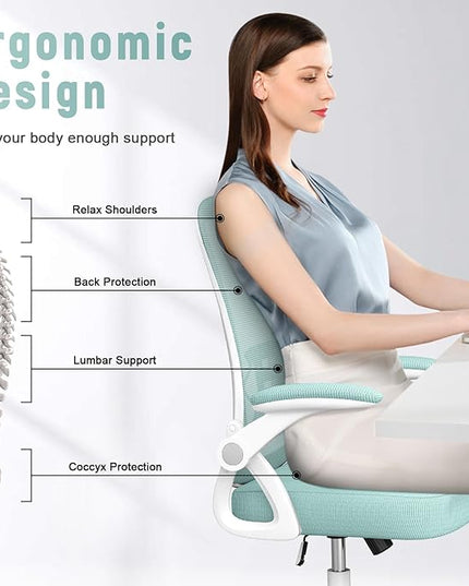 naspaluro Ergonomic Office Chair, Mid Back Desk Chair with Adjustable Height, Swivel Chair with Flip-Up Arms and Lumbar Support, Breathable Mesh Computer Chair for Home/Study/Working, Green - LeafyLoom