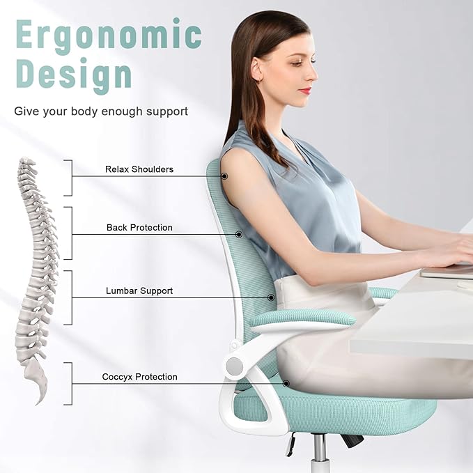 naspaluro Ergonomic Office Chair, Mid Back Desk Chair with Adjustable Height, Swivel Chair with Flip-Up Arms and Lumbar Support, Breathable Mesh Computer Chair for Home/Study/Working, Green - LeafyLoom