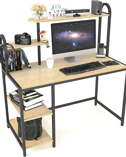 Anivia Computer Bookshelf Home Office, Study Table with Hutch & Adjustable Shelves, Sturdy Wooden Desk for Gaming, Easy Assemble, 49.2", Light Walnut - LeafyLoom