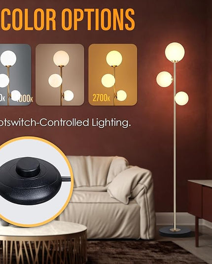 3 Globe Vintage Floor Lamp - 3 Color Options Moderm Floor Lamps for Living Room, Mid Century Standing lamp Home Decor for Bedrooms Office(Gold-Black, LED Bulbs Included) - LeafyLoom