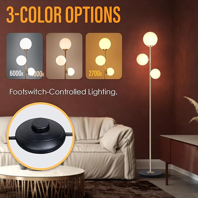 3 Globe Vintage Floor Lamp - 3 Color Options Moderm Floor Lamps for Living Room, Mid Century Standing lamp Home Decor for Bedrooms Office(Gold-Black, LED Bulbs Included) - LeafyLoom