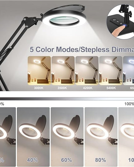 Magnifying Glass with Light with Base Controler, 5 Color Modes Stepless Dimmable LED Lighted Desk Lamp,Magnifying Glass with Light and Stand, Hands-Free Desk Magnifier Light for Craft Hobby Painting - LeafyLoom