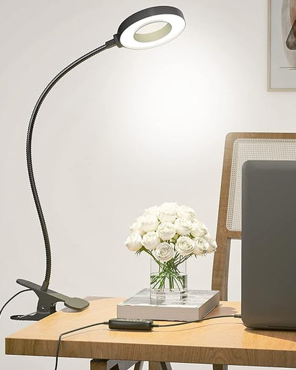 Juhefa Clip on Light, USB Powered LED Desk Lamp with Gooseneck for Reading in Bed, Headboard, Office, Makeup, 10-Level Dimmable, 3 Colors Changable (with Adapter) - LeafyLoom