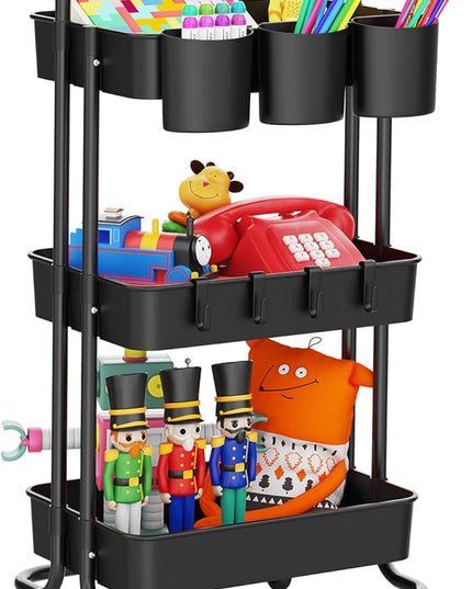 LEHOM 3-Tier Rolling Mobile Utility Cart with Hanging Cups & Hooks & Handle Multifunctional Organizer Storage Trolley Service Cart with Wheels Easy Assembly for Office, Bathroom, Kitchen (Black) - LeafyLoom