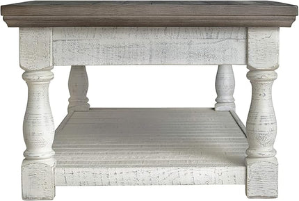 Signature Design by Ashley Havalance Farmhouse Lift Top Coffee Table with Fixed Shelf and 2 Hidden Storage Trays, Gray & White with Weathered Finish - LeafyLoom