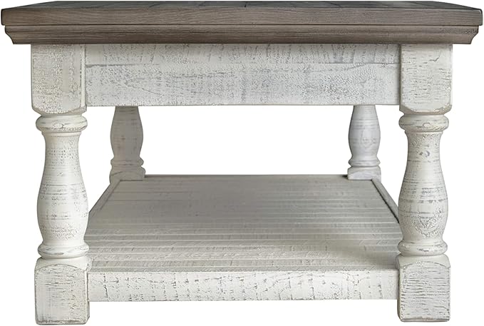 Signature Design by Ashley Havalance Farmhouse Lift Top Coffee Table with Fixed Shelf and 2 Hidden Storage Trays, Gray & White with Weathered Finish - LeafyLoom