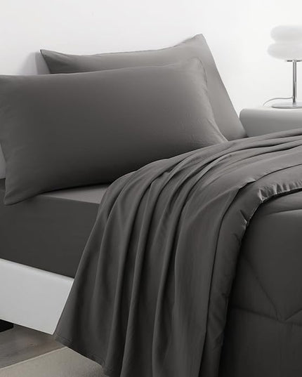 NTBAY Twin Comforter Set with Sheets, 5 Pieces Soft and Breathable Twin Bedding Set, Twin Bed in a Bag, Down Alternative Comforter Set Solid Color All Season, Kids Bedding Set, Dark Grey - LeafyLoom