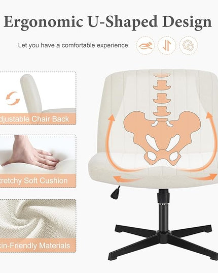 Sweetcrispy Criss Cross Chair Legged, Armless Office Desk Chair No Wheels, Swivel Vanity Chair, Height Adjustable Wide Seat Computer Task Chair, Fabric Vanity Modern Home Chair Beige - LeafyLoom