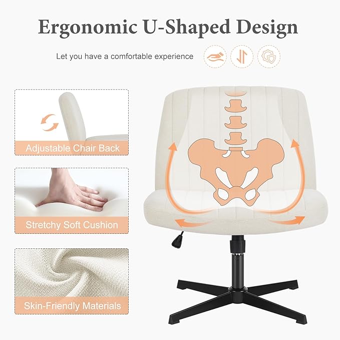 Sweetcrispy Criss Cross Chair Legged, Armless Office Desk Chair No Wheels, Swivel Vanity Chair, Height Adjustable Wide Seat Computer Task Chair, Fabric Vanity Modern Home Chair Beige - LeafyLoom