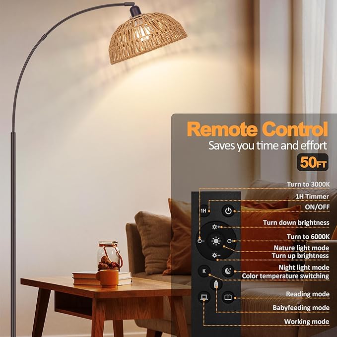 Boho Floor Lamp with Remote- Arc Tall Lamps, Bronze Floor Lamps with Stepless Dimmable Bulb, Hand-Worked Adjustable Rattan Lampshades, Brown Rattan Standing Lamp - LeafyLoom