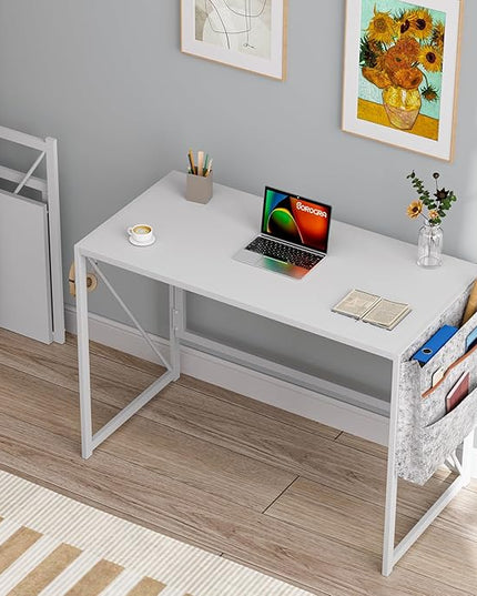 Folding Desk, Small Foldable Desk 39.4 Inch for Small Space, Computer Table Home Office Writing Desk with Storage Bag Headphone Hook, Easy Assembly, White - LeafyLoom