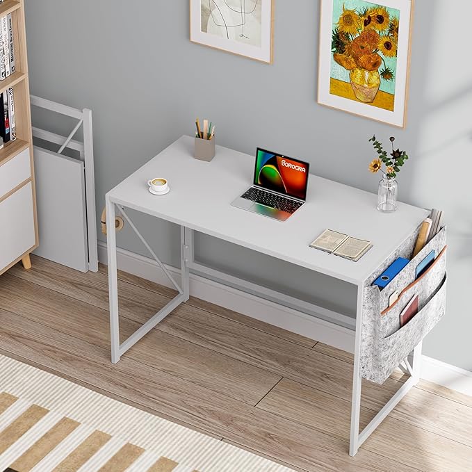 Folding Desk, Small Foldable Desk 39.4 Inch for Small Space, Computer Table Home Office Writing Desk with Storage Bag Headphone Hook, Easy Assembly, White - LeafyLoom