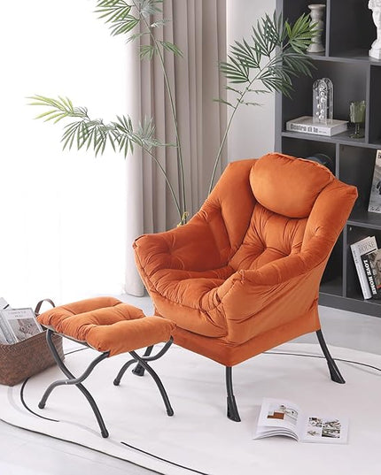 Lazy Chair with Ottoman, Modern Accent Chair Contemporary Lounge Leisure Upholstered Sofa Chair Set with Armrests, Reading Chair for Living Room, Bedroom, Office, Orange - LeafyLoom