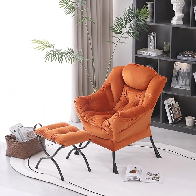 Lazy Chair with Ottoman, Modern Accent Chair Contemporary Lounge Leisure Upholstered Sofa Chair Set with Armrests, Reading Chair for Living Room, Bedroom, Office, Orange - LeafyLoom