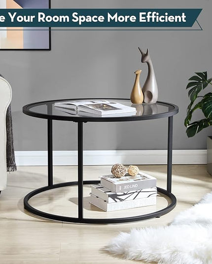 SAYGOER Round Coffee table Glass Coffee Tables for Small Space Simple Modern Center Table for Living Room Home Office, Sofa Side Table with Metal Steel Frame, Easy Assembly, Gray Black - LeafyLoom