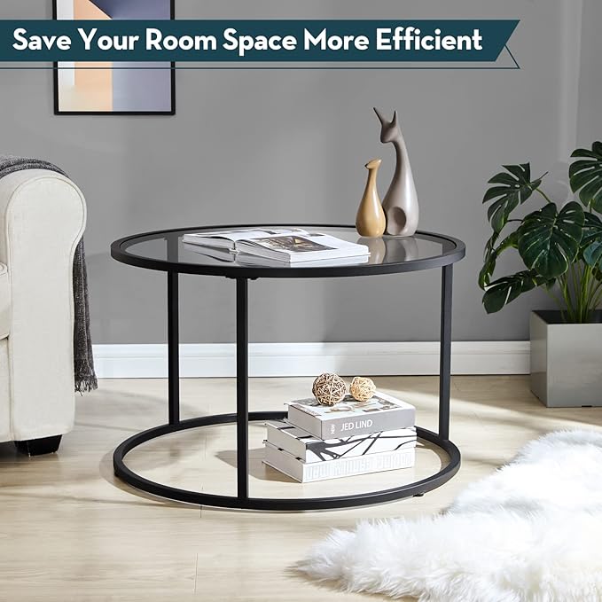 SAYGOER Round Coffee table Glass Coffee Tables for Small Space Simple Modern Center Table for Living Room Home Office, Sofa Side Table with Metal Steel Frame, Easy Assembly, Gray Black - LeafyLoom
