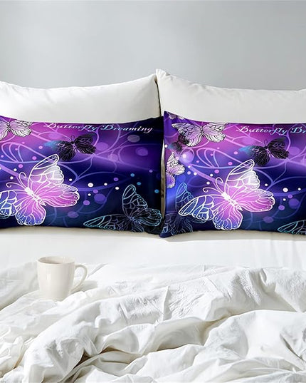 Butterfly Comforter for Girls Teen, 3D Printed Novel Bedding Set Queen Size, Cute Animals Pattern Purple Comforter Set Soft Breathable Microfiber Quilt for All Season 3Pcs with Pillowcases - LeafyLoom