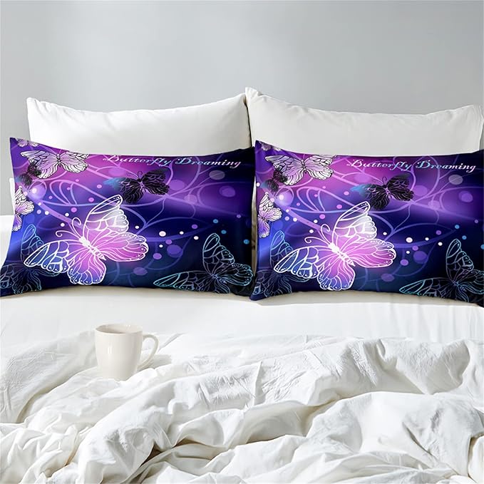 Butterfly Comforter for Girls Teen, 3D Printed Novel Bedding Set Queen Size, Cute Animals Pattern Purple Comforter Set Soft Breathable Microfiber Quilt for All Season 3Pcs with Pillowcases - LeafyLoom