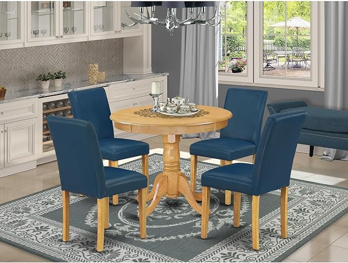 East West Furniture ANAB5-OAK-55 Antique 5 Piece Dining Room Set Includes a Round Kitchen Table with Pedestal and 4 Oasis Blue Faux Leather Upholstered Parson Chairs, 36x36 Inch - LeafyLoom