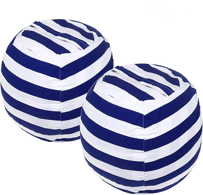 2 Packs Stuffed Animal Storage Beanbag Cover 24" Bean Bag Storage for Kids Girs Boys Room Toys Organizer Heavy-duty Zipper Bean Bag Chair Covers Only Grey Blue White Stripes Cotton Canvas - LeafyLoom